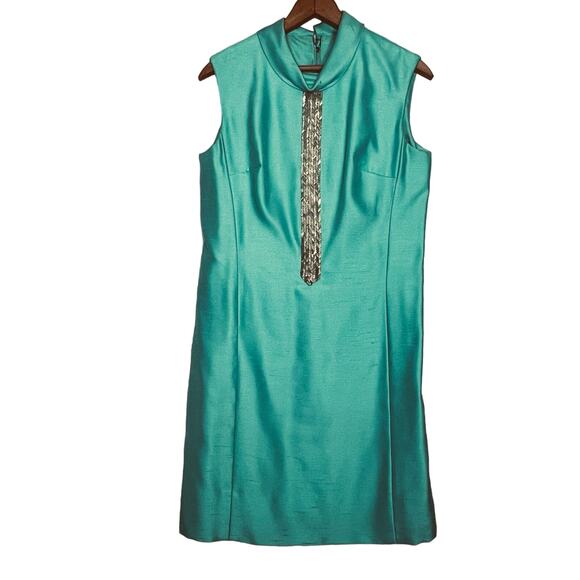 Vintage 60s Size Medium Mod Aqua Shantung Dress Jacket Suit Set Silver Beading - Picture 2 of 16